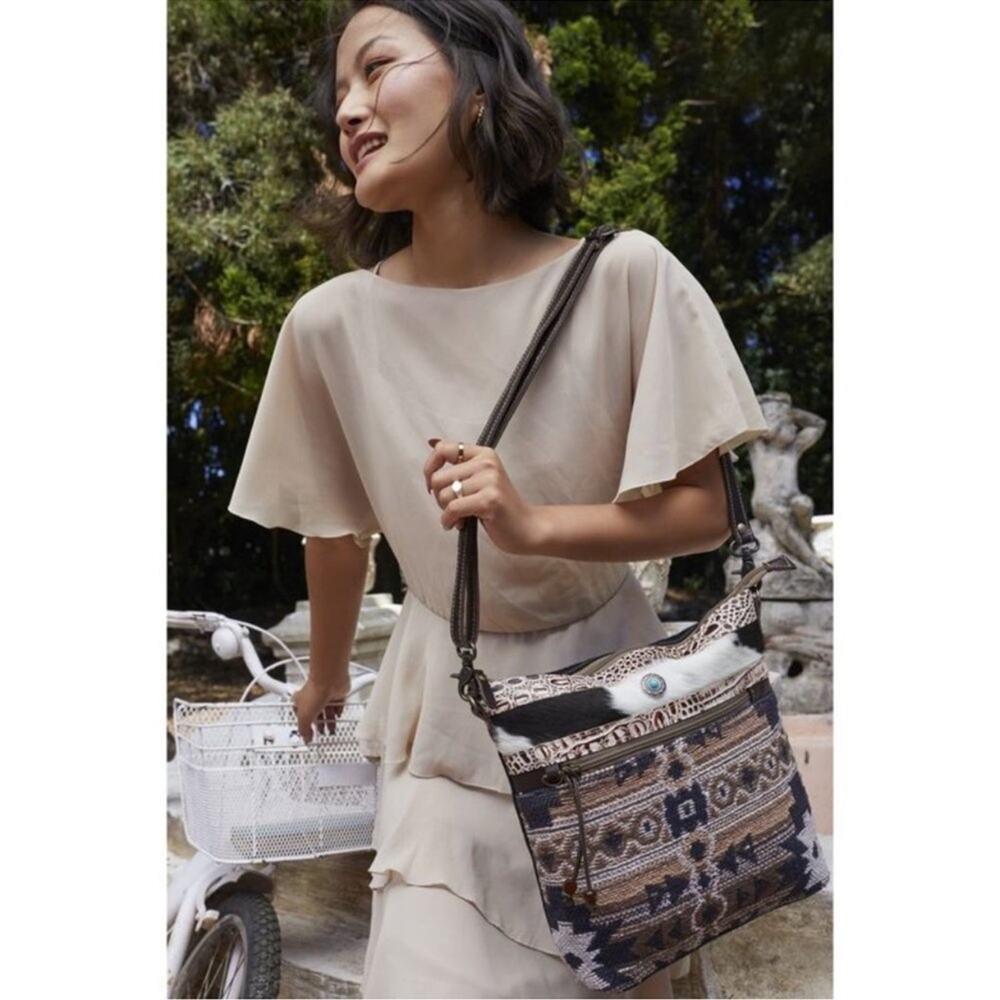 Myra Junoesque Brown Taupe Cream Mixed Media Stitched Crossbody Messenger Bag